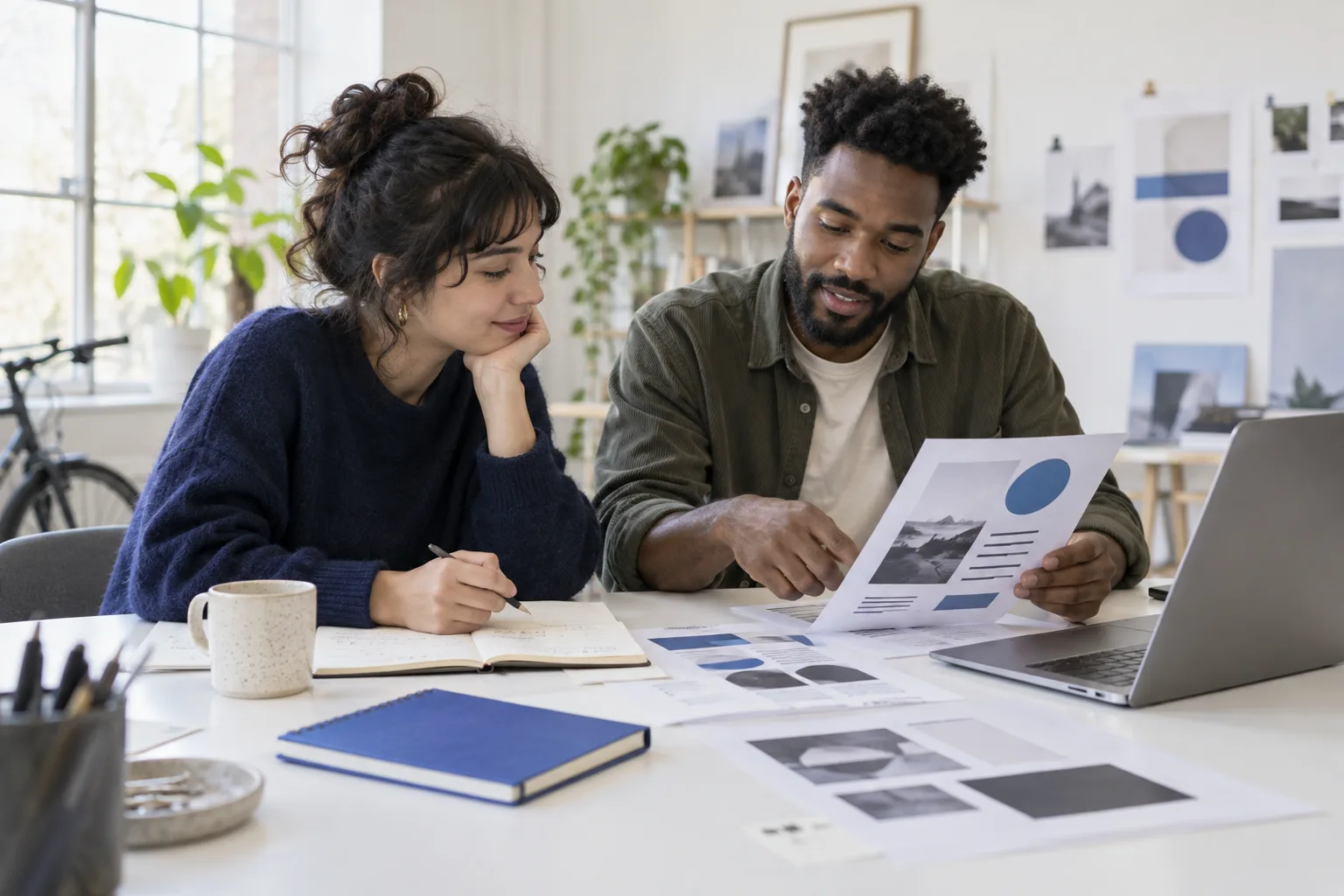 Illustrative scene of two imagined people reviewing an event flyer at a shared table.
